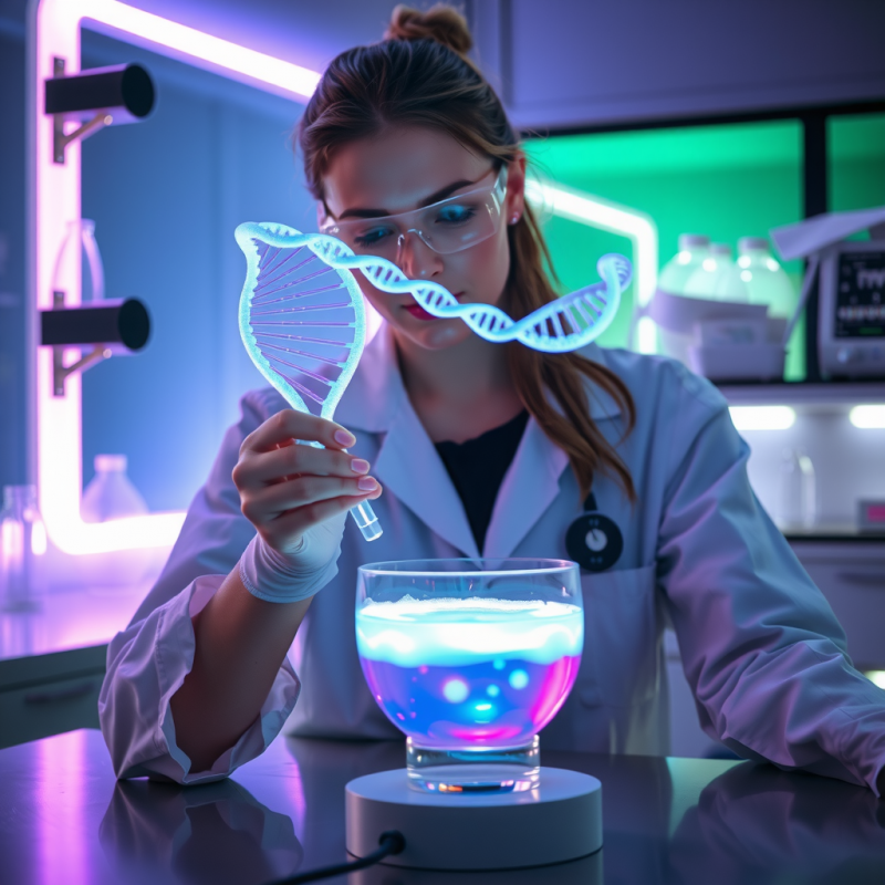 Female Geneticist in a Neon-lit