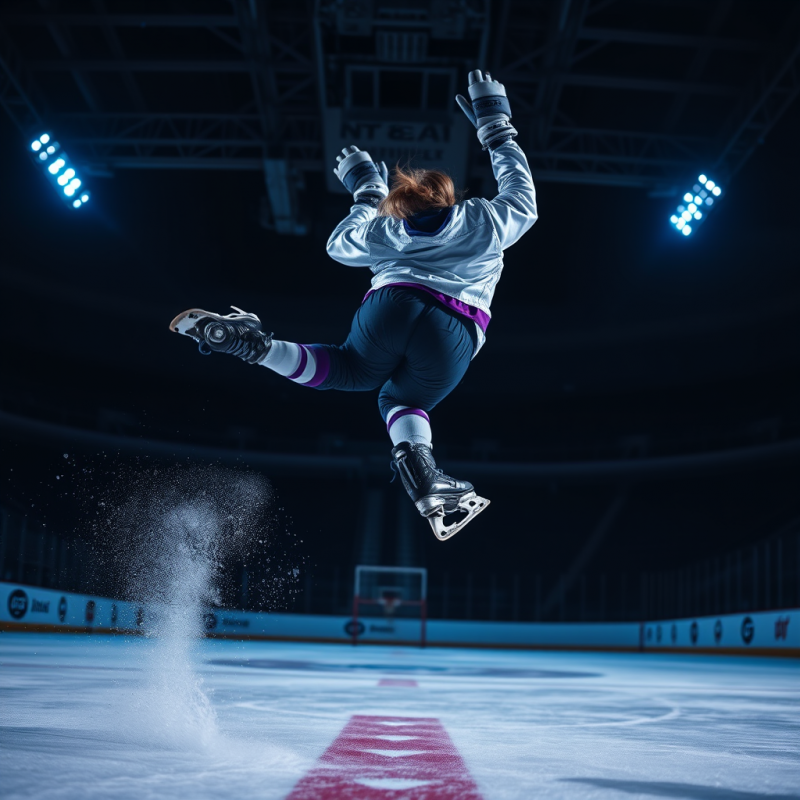 Female Ice Hockey Player Mid-air