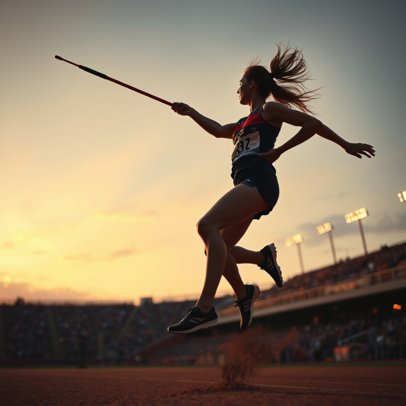 Female Javelin Thrower Mid-arc Against a Twilight Sky