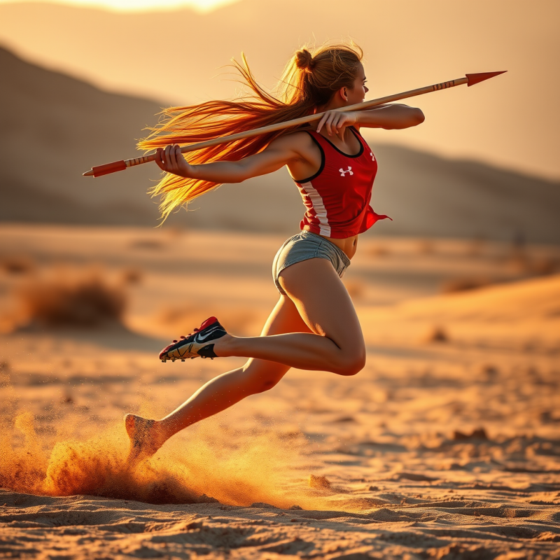 Female Javelin Thrower Mid-arc at the Peak of Her Throw