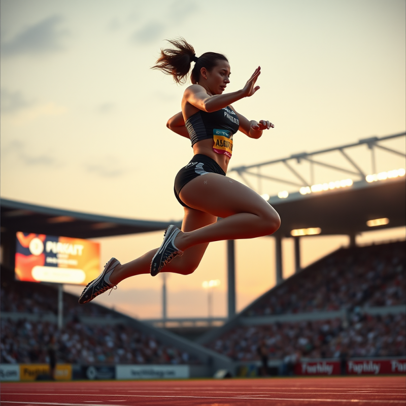 Female Long Jumper Mid-air at the Peak of Her Leap