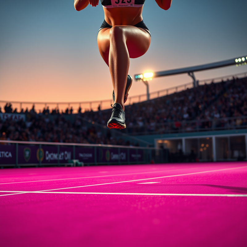 Female Long Jumper Mid-air Over a Vibrant Neon-pink Tra...