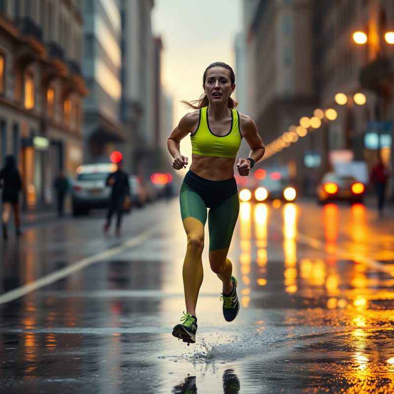 Female Marathon Runner in Neon-green Compression Gear