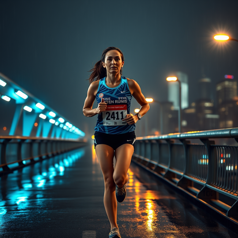 Female Marathon Runner Mid-stride on a Neon-drenched Ur...