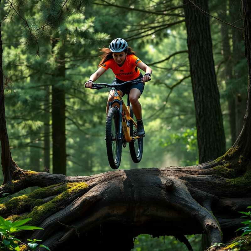 Female Mountain Biker Mid-air After Launching Off a Mos...