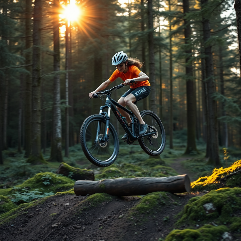 Female Mountain Biker Mid-air Over a Mossy Forest Trail...