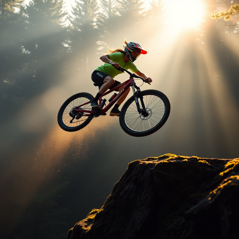Female Mountain Biker Mid-air Over a Sun-drenched