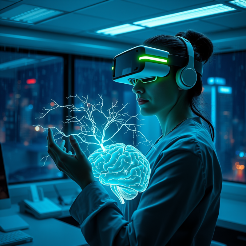 Female Neuroscientist in a Dimly Lit Futuristic Lab