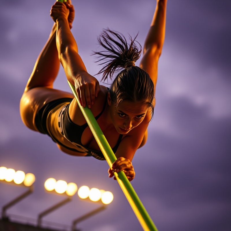 Female Pole Vaulter Captured Mid-flip Over the Bar at Dusk
