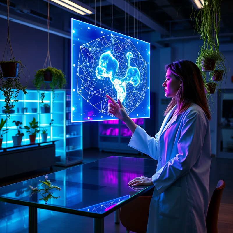 Female Scientist in a Lab Coat Interacts with a