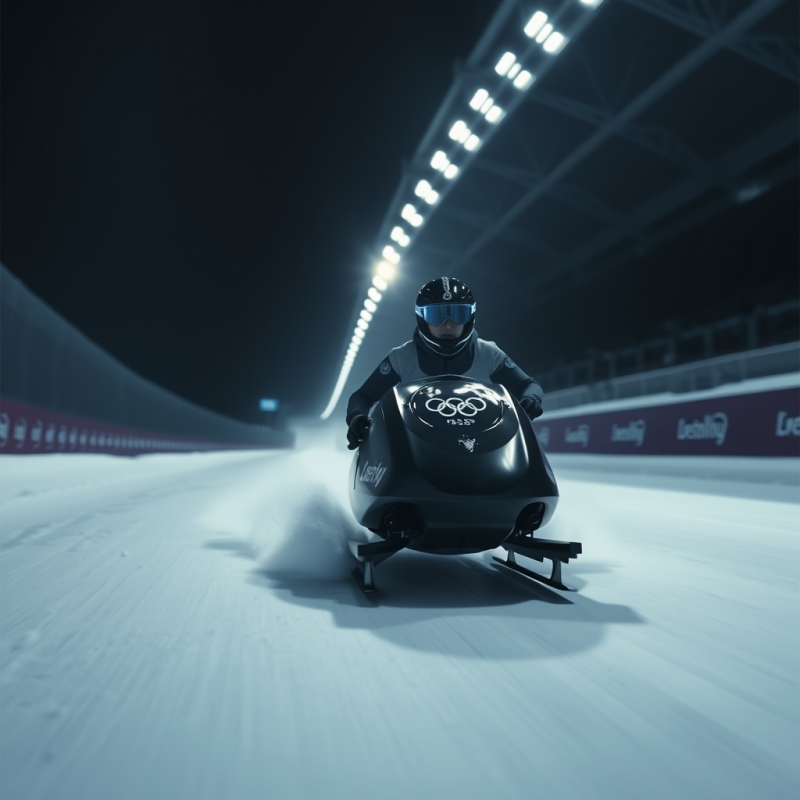 Female Skeleton Racer Mid-flight Down a Frozen Ice Trac...