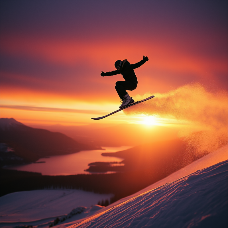 Female Ski Jumper Mid-air Against a Twilight Alpine Bac...
