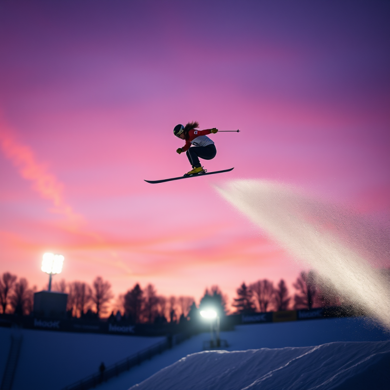 Female Ski Jumper Mid-air Against a Twilight Sky Streak...