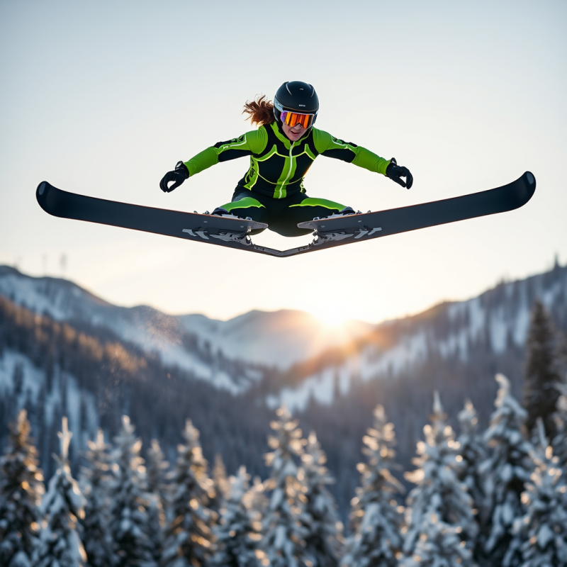 Female Ski Jumper Mid-flight Against a Snowy Alpine Bac...