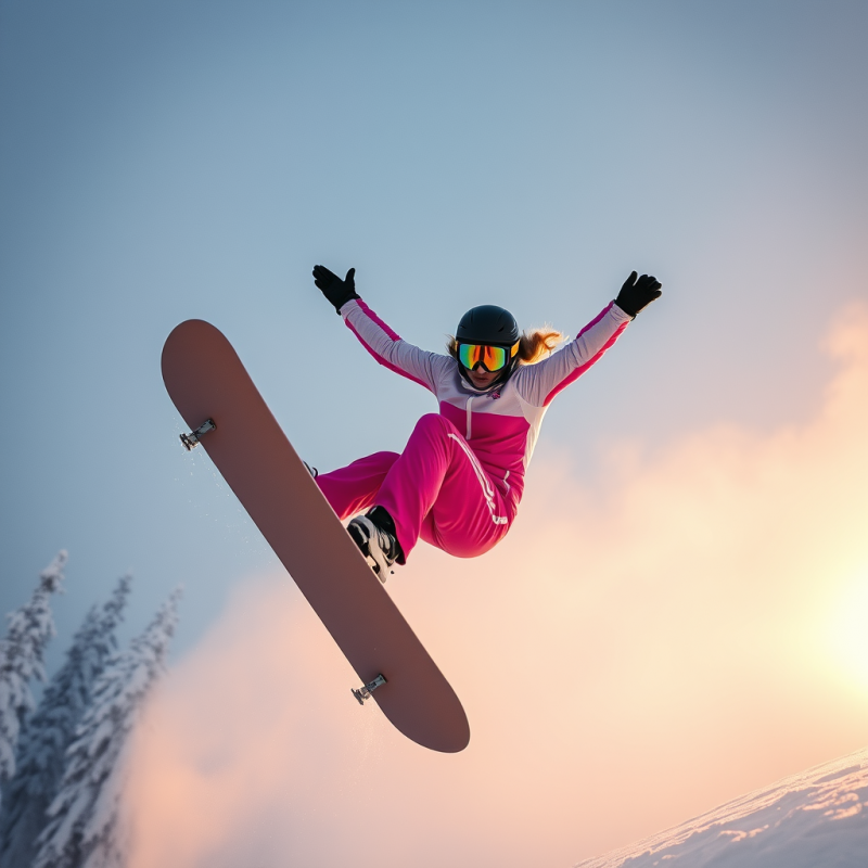 Female Snowboarder Mid-air During a Backside Triple Cor...