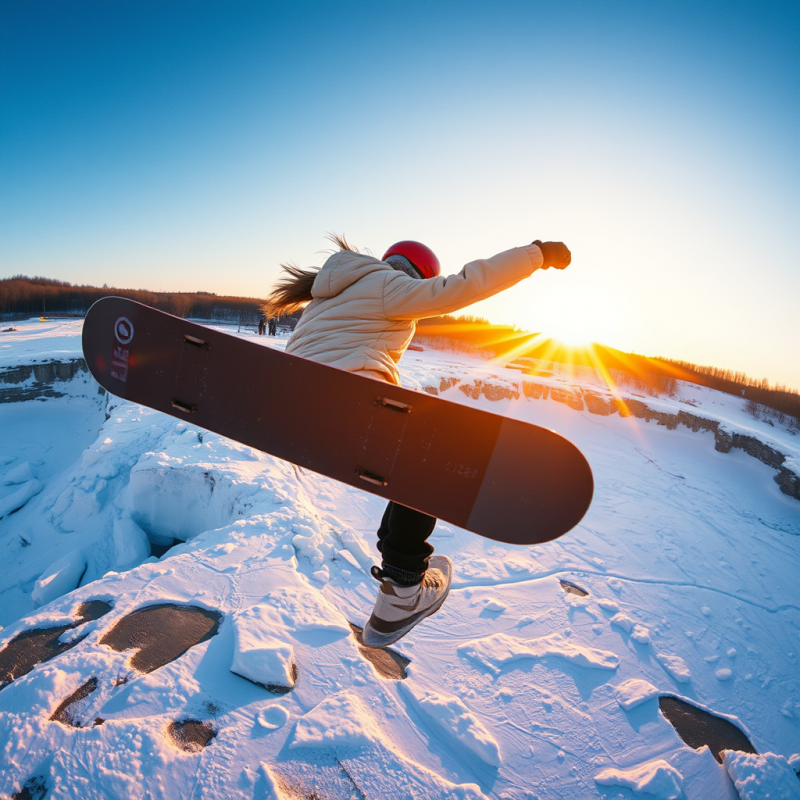 Female Snowboarder Mid-air Over a Frozen Quarry at Mila...