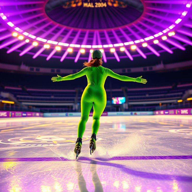 Female Speed Skater in a Neon-green Suit Glides Across ...