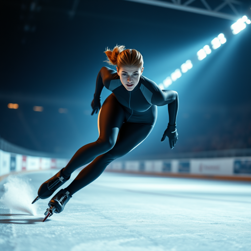Female Speed Skater Mid-turn on Ice