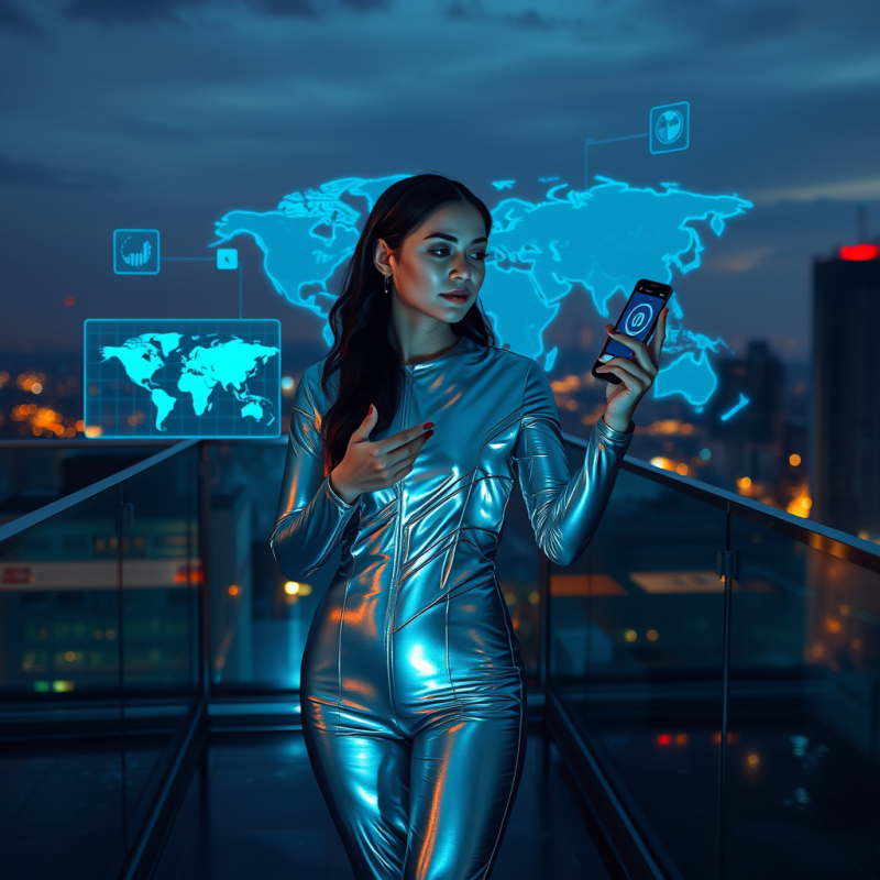 Female Tech Entrepreneur in a Reflective Silver Bodysui...