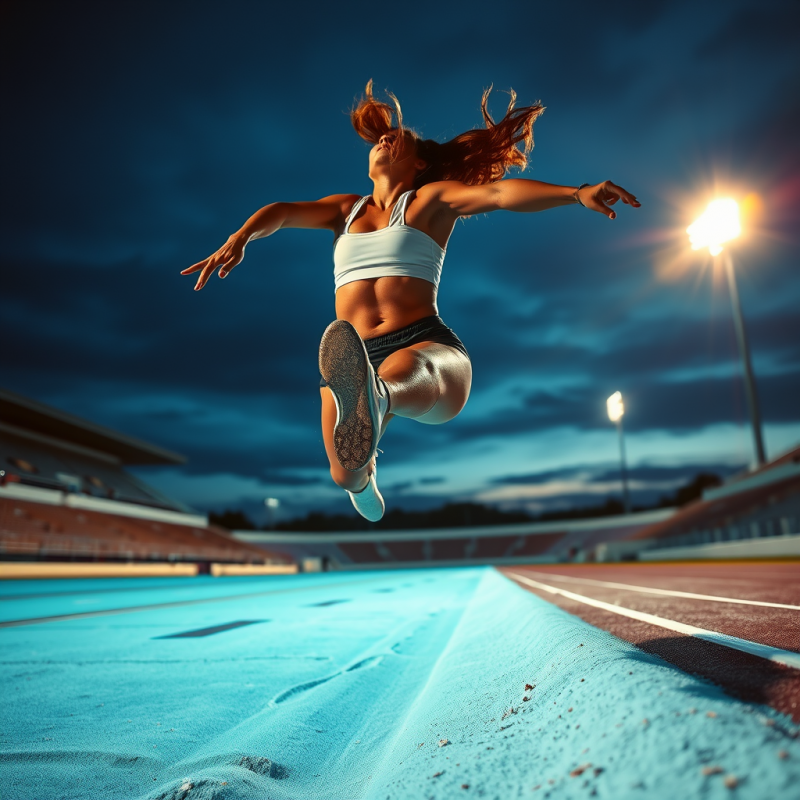 Female Track and Field Athlete Mid-air During a Long Jump