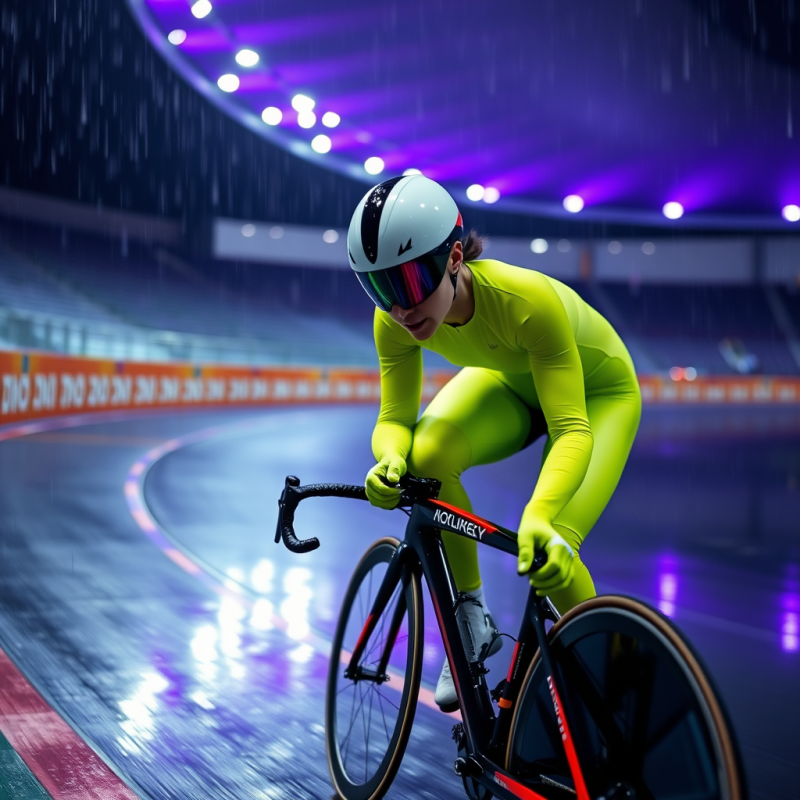 Female Track Cyclist in a Neon-green Skin-tight Suit Le...