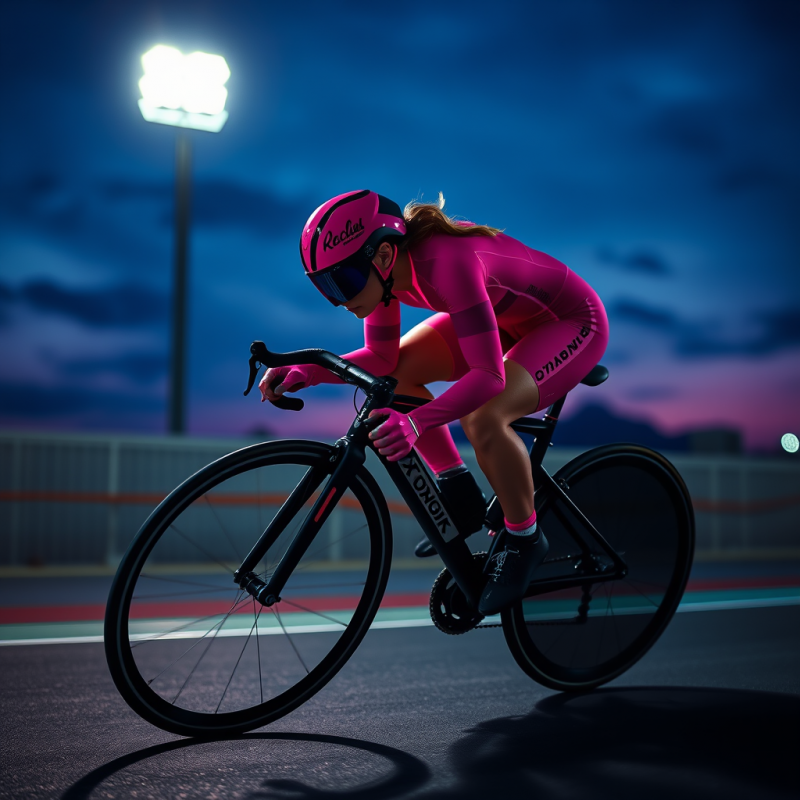 Female Track Cyclist in Neon-pink Aerodynamic Gear Lean...