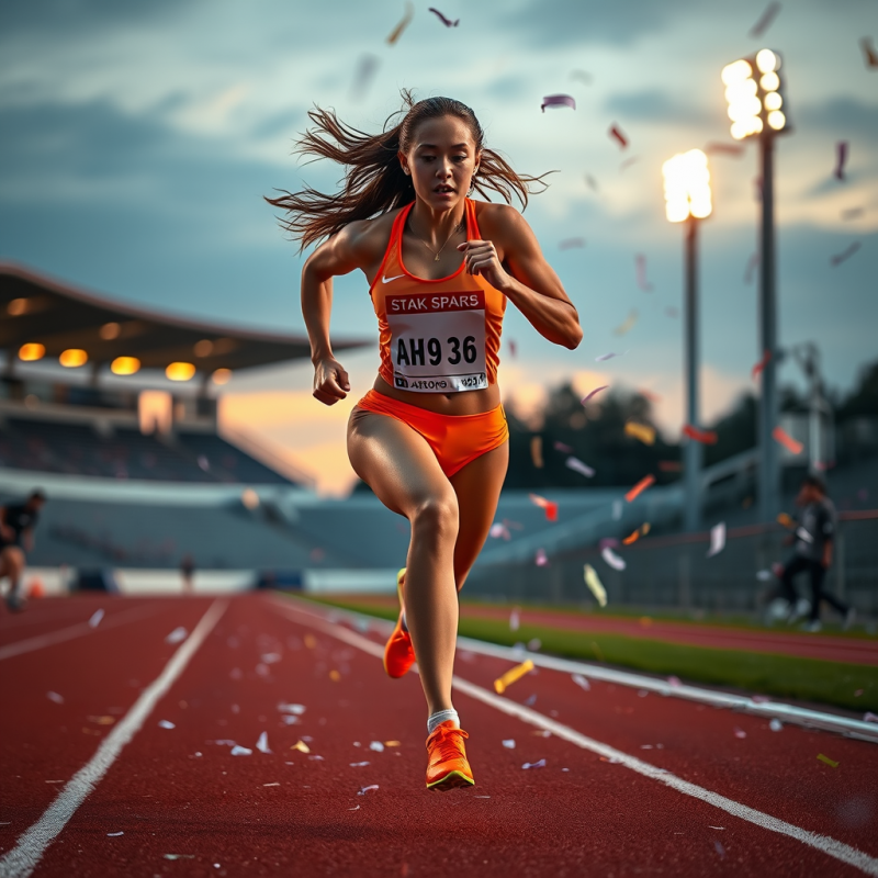 Female Track Sprinter in Neon Orange Spikes Sprints Pas...