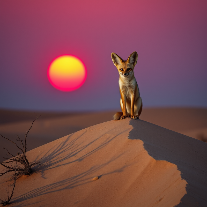 Fennec Fox Sits Atop a Sand Dune Under a Vibrant