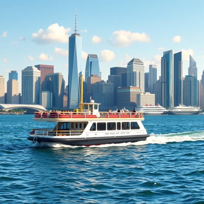 Ferry Boat Crossing Harbor City Skyline Background