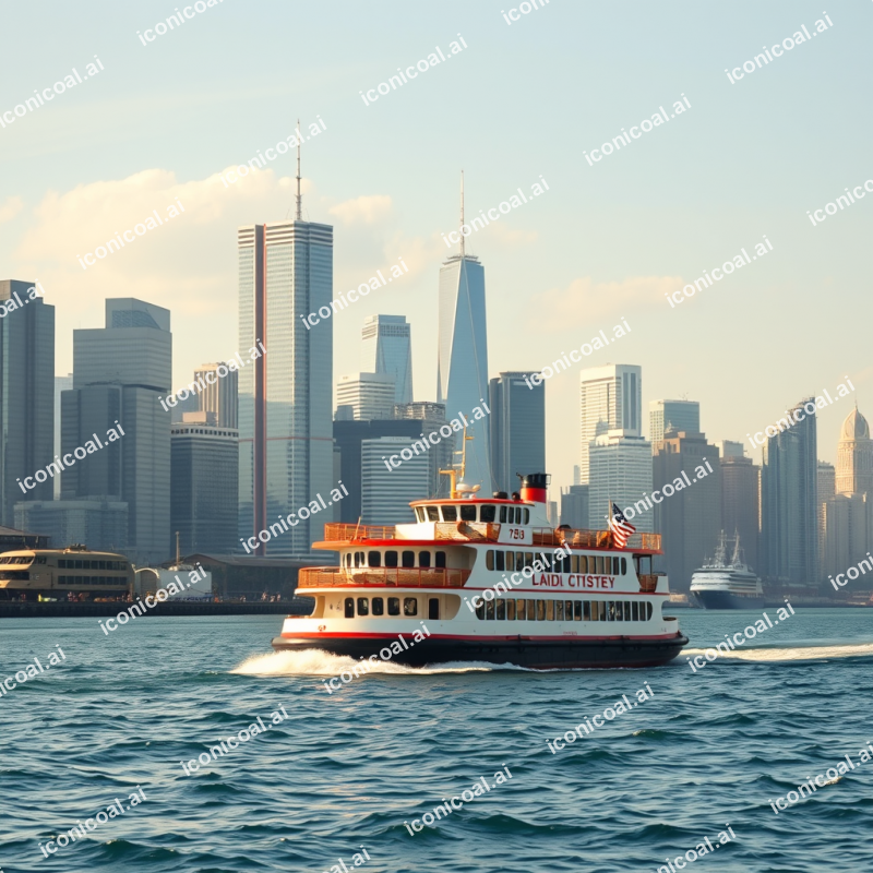 Ferry Boat Crossing Harbor City Skyline Background
