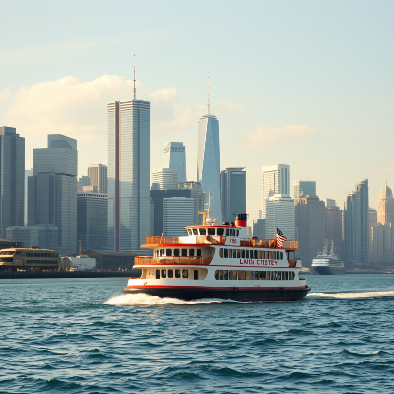 Ferry Boat Crossing Harbor City Skyline Background