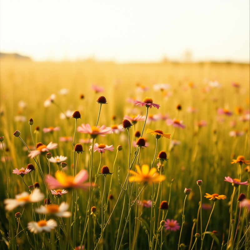 Field of Wildflowers Swaying in Gentle Breeze Summer