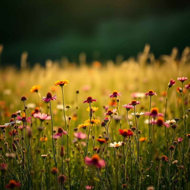 Field of Wildflowers Swaying in Gentle Breeze Summer