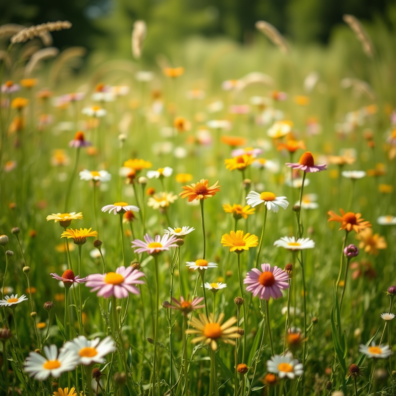 Field of Wildflowers Swaying in Gentle Breeze Summer