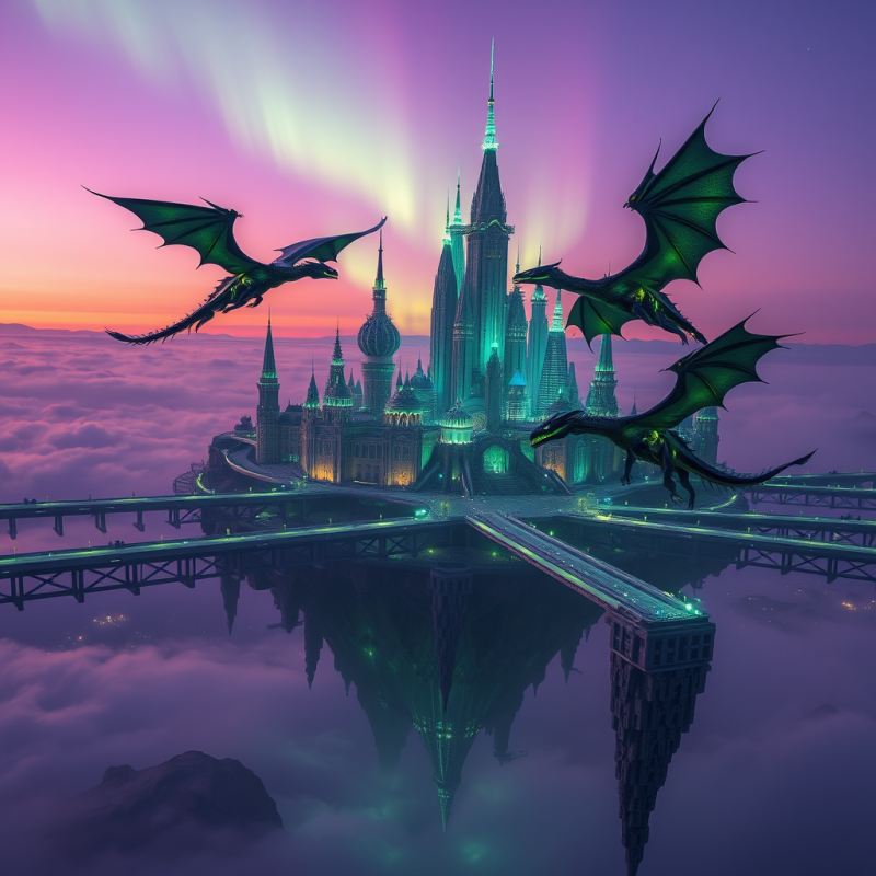 Floating Island Cityscape Wreathed in Aurora Borealis