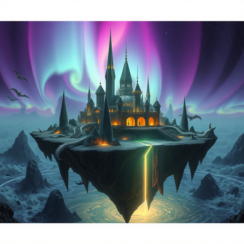 Floating Island Fortress Built from Obsidian and Glowin...