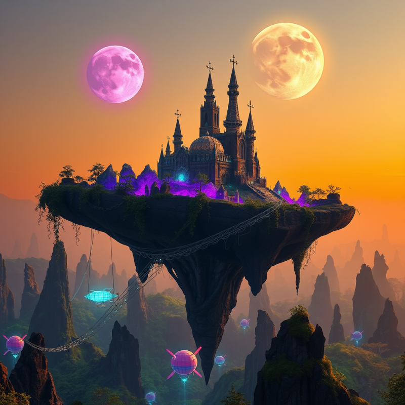 Floating Island Fortress Carved from Obsidian and Cryst...