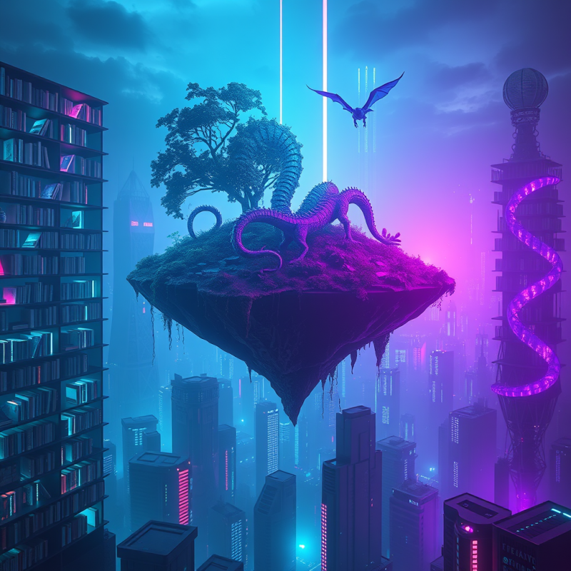 Floating Island Jungle Suspended Above a Neon-lit Cyber...