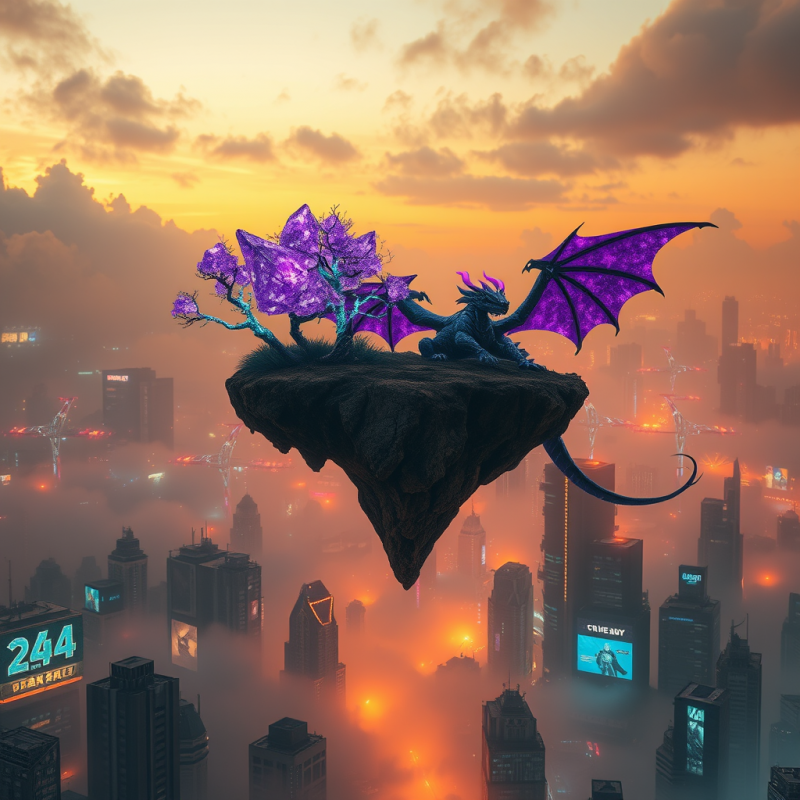 Floating Island Suspended Above a Neon-lit Cyberpunk Ci...