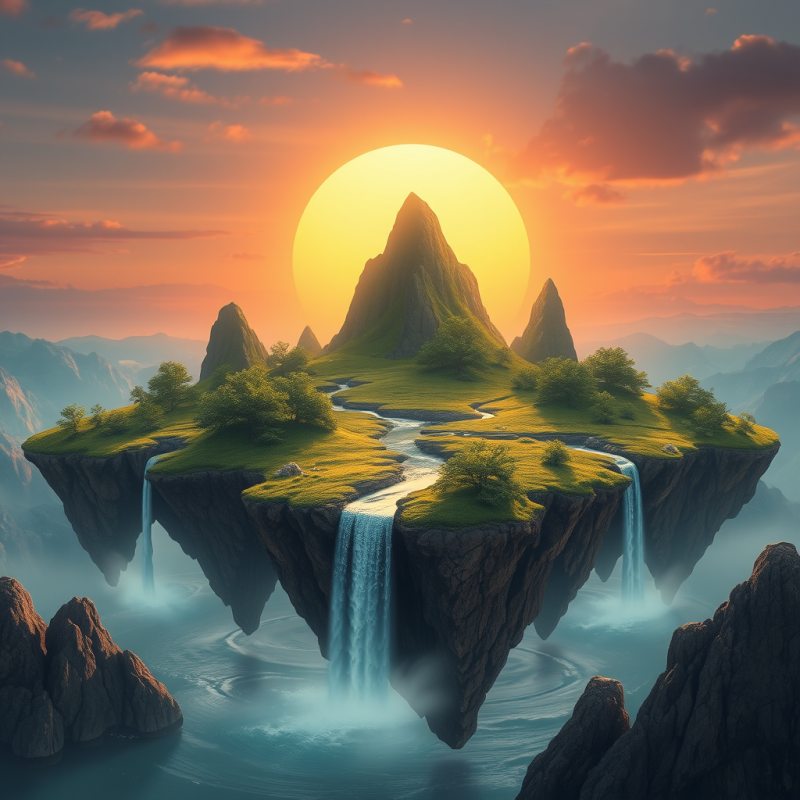 Floating Island with Waterfalls at Sunset
