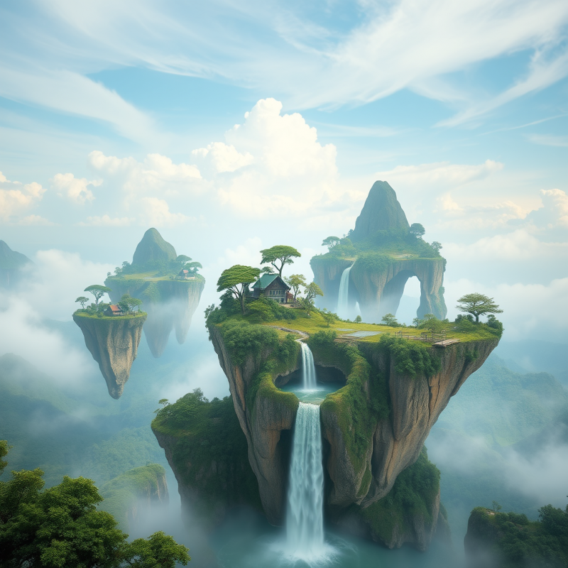 Floating Islands in Sky with Waterfalls Fantasy Landscape