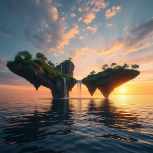 Floating Islands with Waterfalls at Sunset