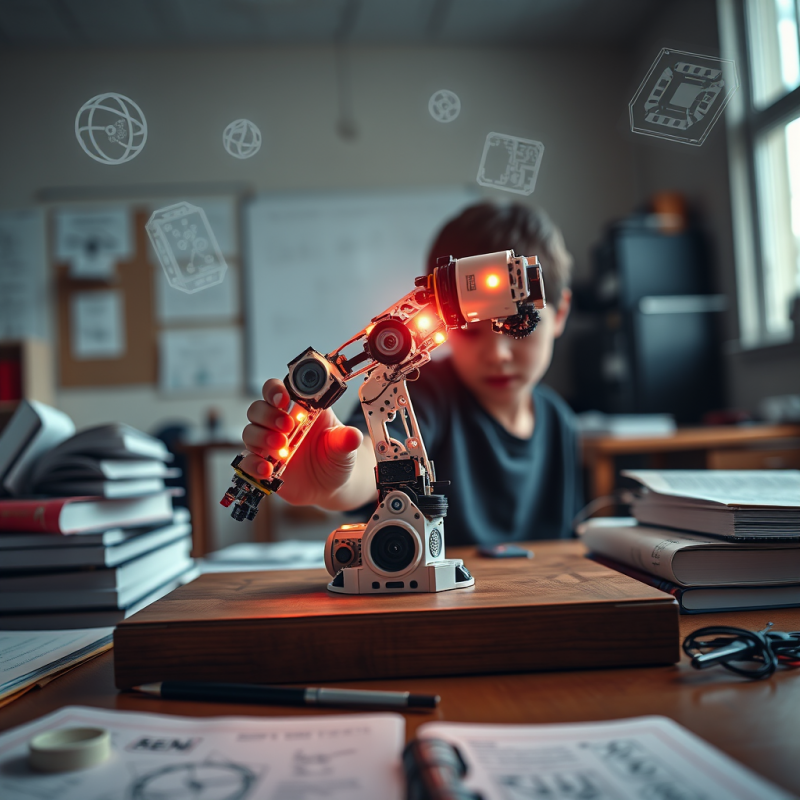 Focused Child Engages with a Glowing Robotic Arm on