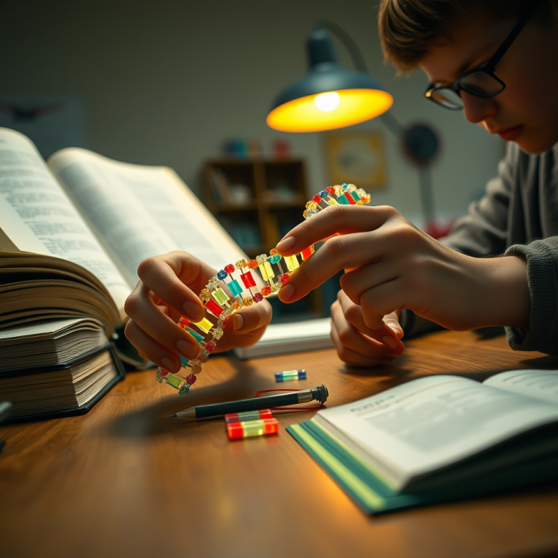 Focused Child Examines a Colorful Dna Model Under