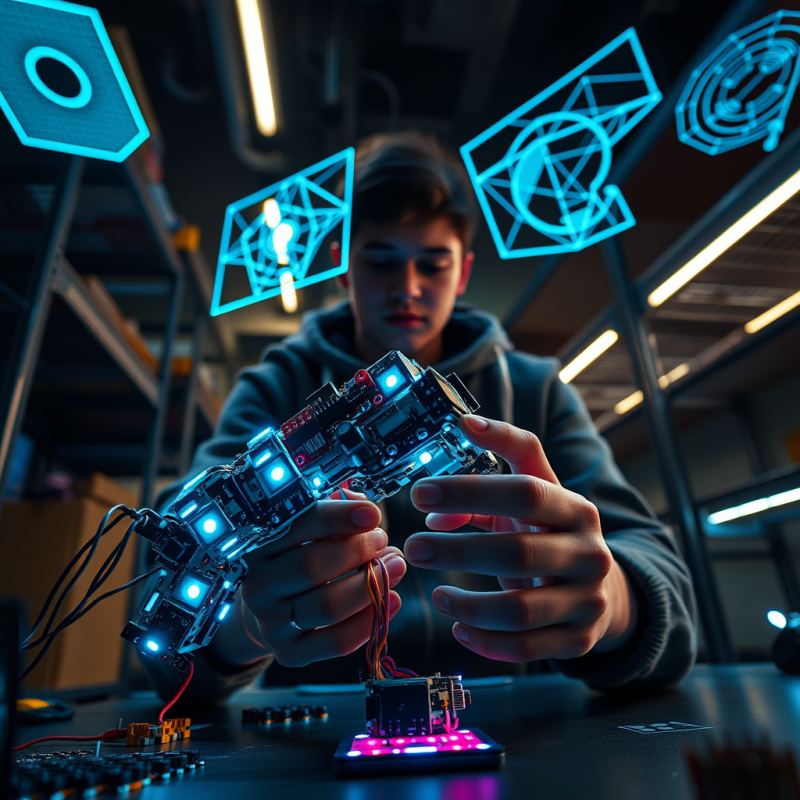 Focused Teenager Assembles a Glowing Blue Robotic