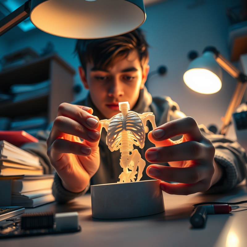 Focused Young Student Examines a Glowing 3d-printed