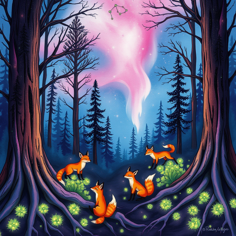 Four Foxes Gather Among Glowing Flora in a Mystical