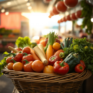 Fresh Farmers Market Produce Colorful Vegetables In Basket