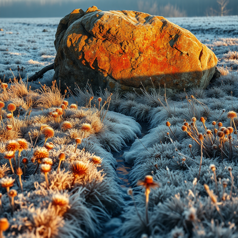 Frost-kissed Lichen-covered Boulder Glows Amber and Rus...
