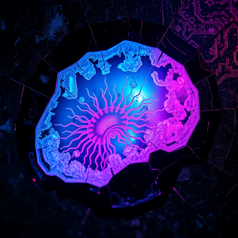 Frozen Neon Circuitry Fractals Etched Into Cracked Obsidi...